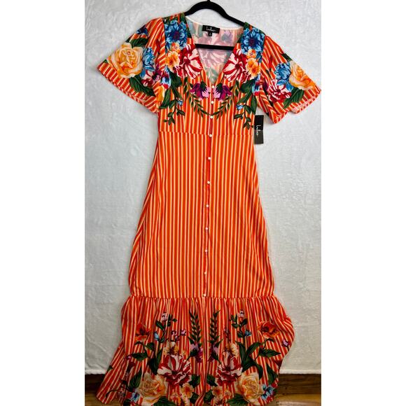 Lulus Size Small New Roam the Riviera Orange Multi Striped Button-Up Maxi Dress - Picture 6 of 7